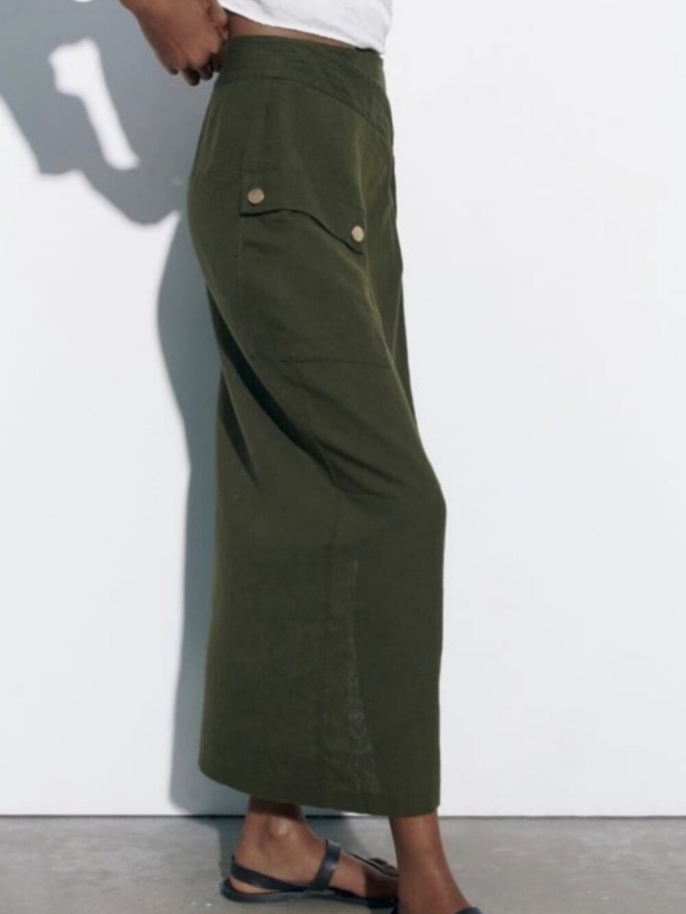 Zara Linen Cargo Pocket Maxi Skirt Military Green